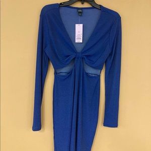 Long sleeve blue sparkly dress low cleavage open waist line size medium